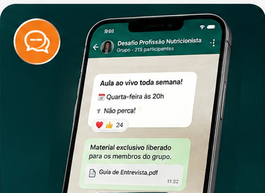Grupo exclusivo de acompanhamento no WhatsApp do Desafio Profissão Nutricionista