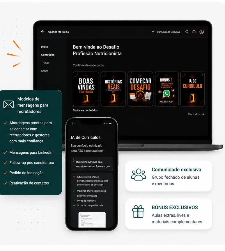 Mockup do Desafio Profissão Nutricionista: área de membros, IA de currículos, comunidade e bônus